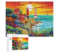 500 PCS Twin Lighthouses Jigsaw Puzzles Cliff Town Puzzles for Adults Kids Whimsical Challenge Toy Home,Decoration for Educational Games Gifts.