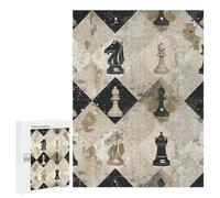 500 PCS Woode Puzzles for Aldult, Personalized Wooden Puzzles for Family Games, Funny Chess Piece Brown Pattern Jigsaw Puzzle with Box for Gift, Lightweight Puzzle Piece for Beginner