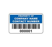 500 Personalised Blue Barcode Asset Tag Labels Custom Stickers- 38mm x 20mm Permanent Vinyl Labels - Simple to Customize