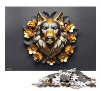 500 Piece 3D Golden Wolf with Flowers Creative Square Jigsaw Puzzles for Adults & Wooden Puzzles Stress Relief Puzzle Games And Unique 500pcs (52x38cm)