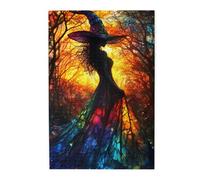 500 Piece Adults Wooden Jigsaw Puzzle,Stained Glass Witch in Colorful Dress with Wide Brim Hat,Sunset Forests Scene,Fantasy Art,Stress Relief Game,Gift for Family and Friends