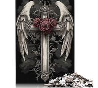 500 Piece Angel Wings Gothic Cross Rosesre Jigsaw Puzzles for Adult Teenagers Wooden Puzzle Jigsaws for Adults Brain Teaser Puzzle 500pcs (52x38cm)