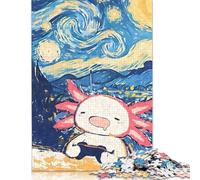 500 Piece Axolotl Gaming Starry Night Jigsaw Puzzle for Adult Teenagers Wooden Puzzle Jigsaws for Adults Sustainable Puzzle for Adults 500pcs (52x38cm)