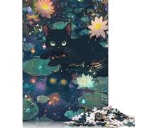 500 Piece Black Cat in A Starry Pond Jigsaw Square Puzzle for Adults & Wooden Puzzles Educational Game Challenge Toy 500pcs (52x38cm)