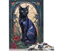 500 Piece Black Cat Stained Glass Jigsaw Square Puzzle for Adults & Wooden Puzzles Educational Game Challenge Toy 500pcs (52x38cm)