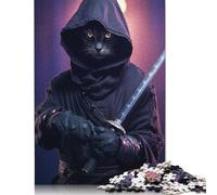 500 Piece Cat Evil Samurai Sword Square Puzzles for Adults, Wooden Puzzles Family Entertainment Toys 500pcs (52x38cm)