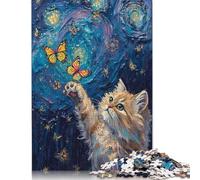 500 Piece Cat Reaching for Butterflies in Starry Night Jigsaw Puzzle for Adult Teenagers Puzzle Jigsaws for Adults Teenagers Age 14+ 500pcs (52x38cm)