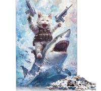 500 Piece Cat with Guns Riding Shark Adult Puzzles Puzzles for Adults Jigsaw Puzzles for Adults Educational Game Challenge Toy 500pcs (52x38cm)