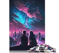 500 Piece Couple Silhouettes Night Cityscape Square Puzzles for Adults And Wooden Puzzles Family Activity 500pcs (52x38cm)