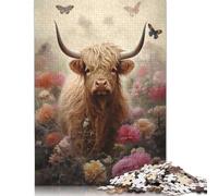 500 Piece Cute Floral Highland Cow Square Puzzles for Adults & Wooden Puzzles Educational Game 500pcs (52x38cm)