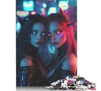 500 Piece Cyberpunk Demon Twins Square Puzzles for Adults, Wooden Puzzles Family Entertainment Toys 500pcs (52x38cm)