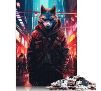 500 Piece Cyberpunk Wolf Painting Square Puzzle for Adults Wooden Puzzles Educational Puzzle Family Game 500pcs (52x38cm)
