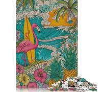 500 Piece Flamingo Surf Paradise Square Jigsaw Puzzles for Adults, Wooden Puzzles Learning Educational Toy 500pcs (52x38cm)