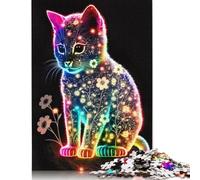 500 Piece Floral Cat Glowing Square Jigsaw Puzzles for Adults, Wooden Puzzles Educational Game for Children 500pcs (52x38cm)