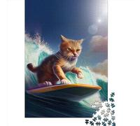500 Piece Funny Cat Surfing 2 Jigsaw Square Puzzle for Adults & Wooden Puzzles Educational Game Challenge Toy 500pcs (52x38cm)