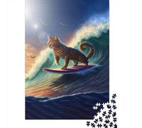 500 Piece Funny Cat Surfing Jigsaw Square Puzzle for Adults & Wooden Puzzles Educational Game Challenge Toy 500pcs (52x38cm)