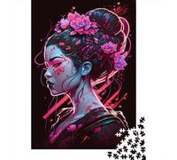500 Piece Geisha Neon Cherry Blossom Square Jigsaw Puzzles for Adults, Wooden Puzzles Learning Educational Toy 500pcs (52x38cm)
