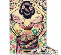 500 Piece Geisha with Cherry Blossoms Square Puzzle for Adults Wooden Puzzles Educational Puzzle Family Game 500pcs (52x38cm)