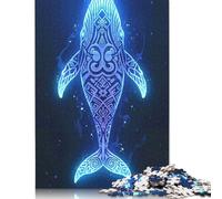 500 Piece Glowing Blue Whale with Tribal Patterns Square Jigsaw Puzzles for Adults, Wooden Puzzles Learning Educational Toy 500pcs (52x38cm)