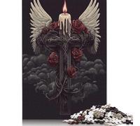 500 Piece Gothic Cross with Roses And Wingsre Jigsaw Puzzles for Adult Teenagers Wooden Puzzles for Adults for Adults& Teenagers Age 12 Years Up 500pcs (52x38cm)