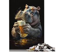 500 Piece Hippopotamus Beer Square Jigsaw Puzzles for Adults, Wooden Puzzles Educational Game for Children 500pcs (52x38cm)