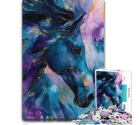 500 Piece Jigsaw Puzzle, Abstract Horse Portrait in Blue and Gold