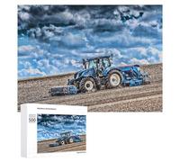 500 Piece Jigsaw Puzzle, Blue Tractor Cultivating Field Under Cloudy S