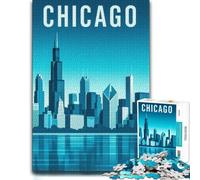 500 Piece Jigsaw Puzzle, Chicago Skyline Illustration in Blue Tones