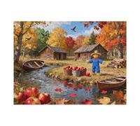 500 Piece Jigsaw Puzzle for Adults Autumn Cabin by The Lake, Beautiful Fall Forest Trees Leaves and Scarecrow Landscape Rustic Art Puzzle, Relaxing Nature Gift, Completed Size 20.5x15 in