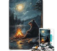 500 Piece Jigsaw Puzzle for Adults, Bear by Campfire Under Starry Night