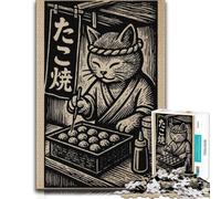 500 Piece Jigsaw Puzzle for Adults, Cat Chef Making Takoyaki Woodcut Print