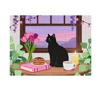 500 Piece Jigsaw Puzzle for Adults Cat Sitting at Table with Coffee and Cake, Cozy Cafe Art Puzzle, Relaxing Animal Lover Gift, Completed Puzzle Size 20.5x15 in