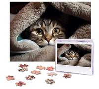 500 Piece Jigsaw Puzzle for Adults Challenging Puzzle for Game Nights Wooden Puzzle Personalized Custom Wood-Puzzles for Family Cat Under Blanket Picture Puzzles Finished Size 20.4"x15"