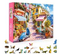 500 Piece Jigsaw Puzzle for Adults - Mediterranean Lemon Village with 20 Unique Animal Shaped Pieces, European Town Café, Flowers & Scooter, Travel Artwork Puzzle Gift, 20.5 x 15 in
