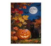 500 Piece Jigsaw Puzzle for Adults - Midnight Halloween Black Cat Pumpkin Jack - O - Lantern Full Moon Jigsaw Puzzle, Completed Size 20.5x15 in