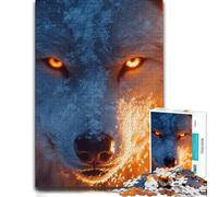 500 Piece Jigsaw Puzzle for Adults, Wolf with glowing eyes in snow and fire