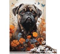 500 Piece Jigsaw Puzzle Pug And Flower Butterflies Wooden Puzzles for Adults Brain Teaser Game 500pcs (52x38cm)