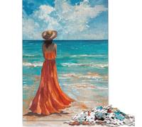 500 Piece Jigsaw Puzzles A Lonely Woman in A Beach Creative Square Wooden Jigsaw Puzzles for Adults 500pcs (52x38cm)