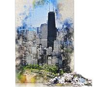 500 Piece Jigsaw Puzzles for Adults Chicago in Watercolor Jigsaw Puzzles for Adults, Wooden Puzzles Educational Stress Relief Toy Puzzle 500pcs (52x38cm)