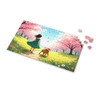500 Piece Jigsaw Puzzles Girl And Dog Walking In Cherry Blossom Garden Picture Puzzle Puzzles For Kids Ages 4-6 Easter Gifts For Adults(300PCS)