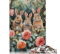 500 Piece Jigsaw Puzzles Three Bunnies in Roses Flopsy, Mopsy, Cottontail Creative Square Wooden Jigsaw Puzzles for Adults 500pcs (52x38cm)
