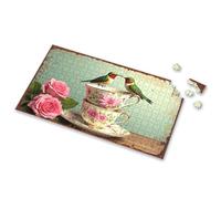 500 Piece Jigsaw Puzzles Two Hummingbirds On Floral Teacups With Roses Picture Puzzle Puzzles For Kids Ages 4-6 Easter Gifts For Adults(300PCS)