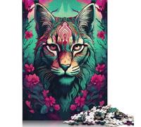 500 Piece Lynx with Floral Design Creative Square Jigsaw Puzzles for Adults & Wooden Puzzles Educational Toys 500pcs (52x38cm)