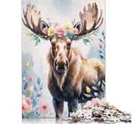 500 Piece Moose with Floral Crown Watercolor Square Puzzles for Adults, Wooden Puzzles Family Entertainment Toys 500pcs (52x38cm)