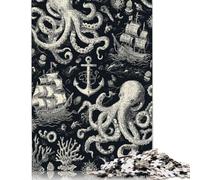 500 Piece Oceanic Whimsy Octopus & Sailing Ships Square Puzzle for Adults, Wooden Puzzles Puzzle Hands-on Game 500pcs (52x38cm)