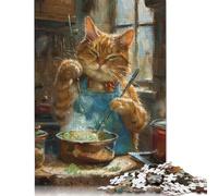 500 Piece Orange Tabby Cat Cooking Jigsaw Wooden Puzzle Adult Jigsaw Puzzle Jigsaw Puzzles for Adult 500pcs (52x38cm)