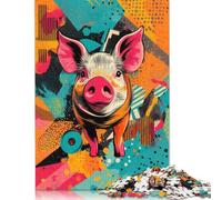 500 Piece Piggy Pop Art Vibrant Farm Animal Print Puzzle Wooden Puzzle for Adults And Teenager Home Educational Games DIY Toys 500pcs (52x38cm)