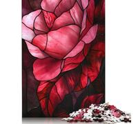 500 Piece Pink Roses Stained Glass Creative Square Jigsaw Puzzles for Adults & Wooden Puzzles Stress Relief Puzzle Games And Unique 500pcs (52x38cm)