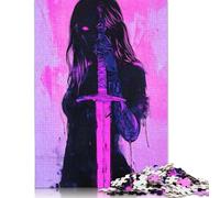 500 Piece Pink Warrior Anime Demon Woman with Sword Square Puzzles for Adults, Wooden Puzzles Toy Wall Decor 500pcs (52x38cm)
