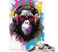 500 Piece Puzzle Monkey Headphones Dj Jigsaw Puzzles for Adults Woodenboard Puzzles Adults Puzzles Gifts 500pcs (52x38cm)